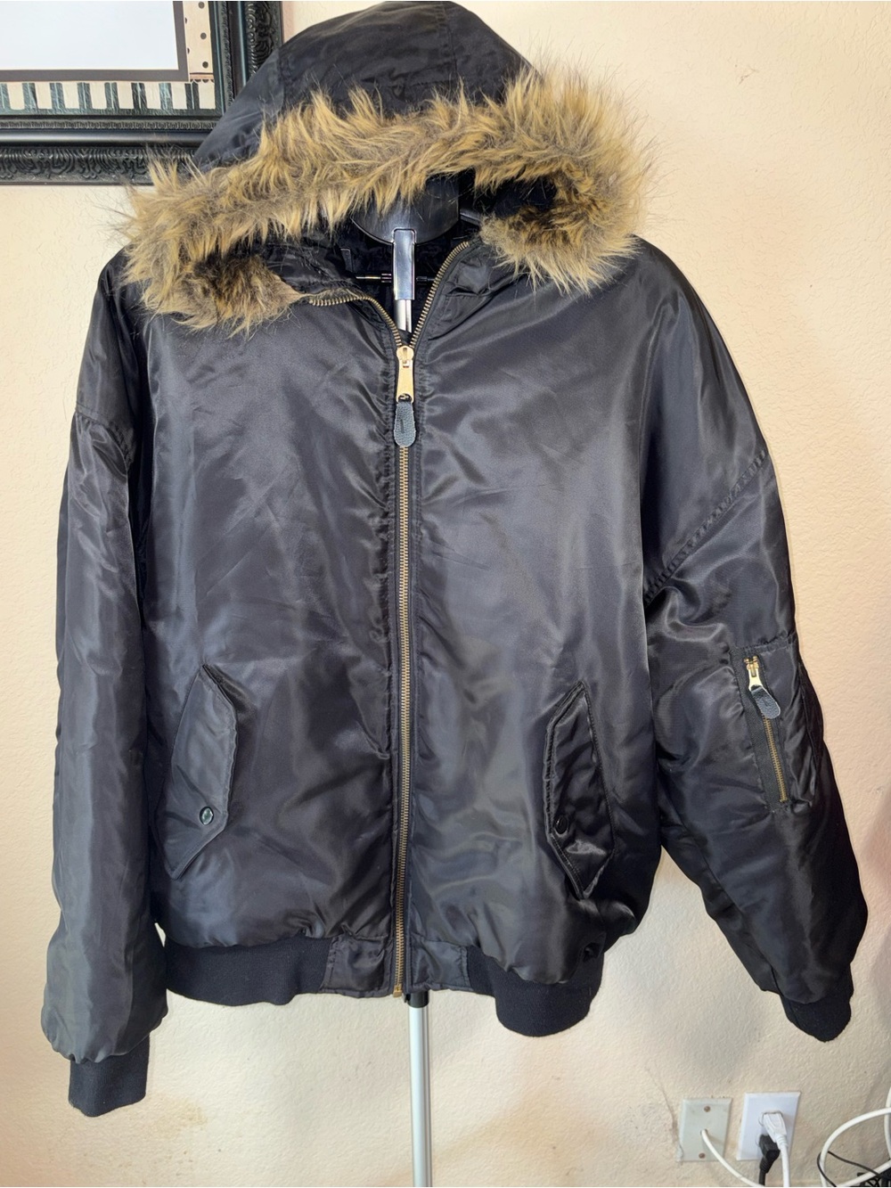 Arizona Jean Co Jacket Satin Polystr Bomber Hood Faux Fur XL Y2K Streetwear Mens